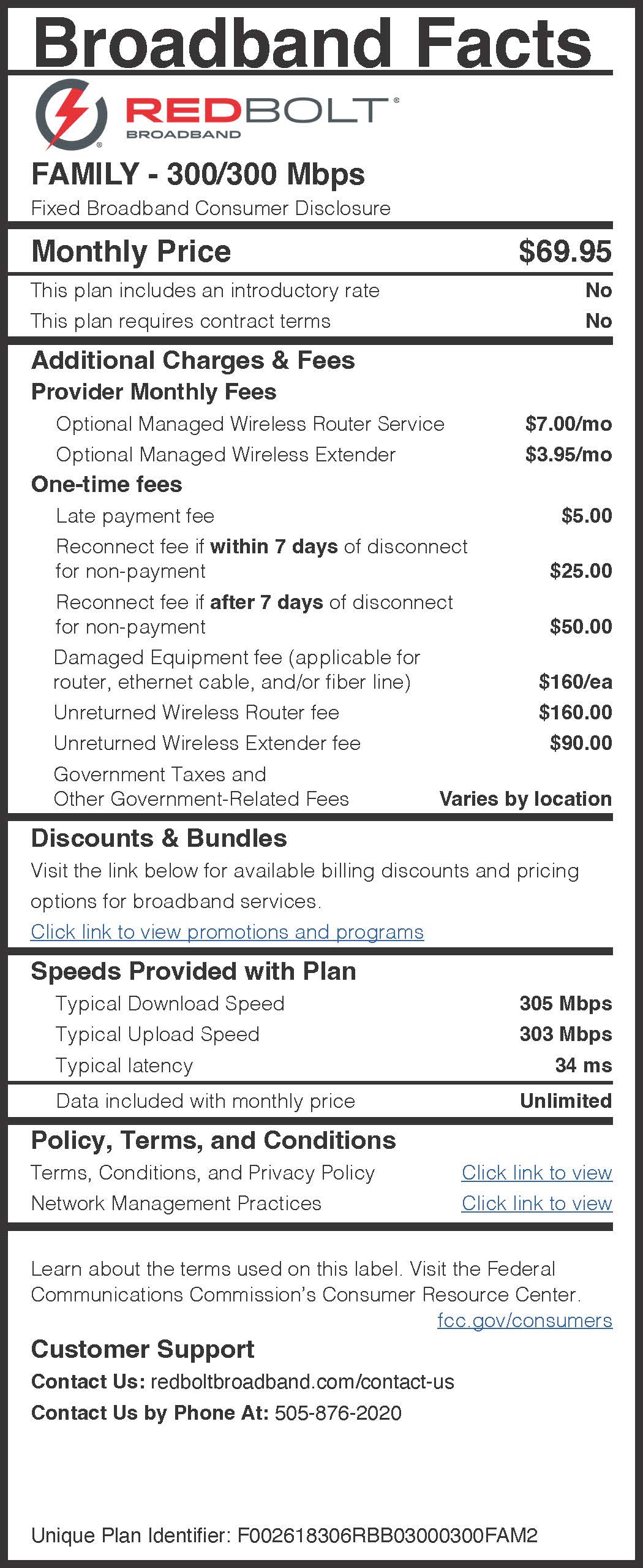 Red Bolt Family Plan Broadband Nutrition Label