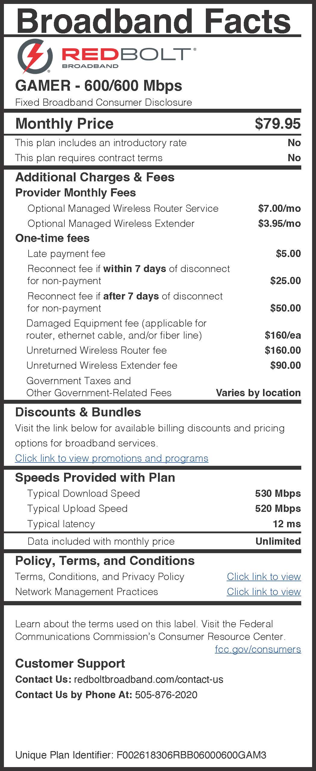 Red Bolt Gamer Plan Broadband Nutrition Label